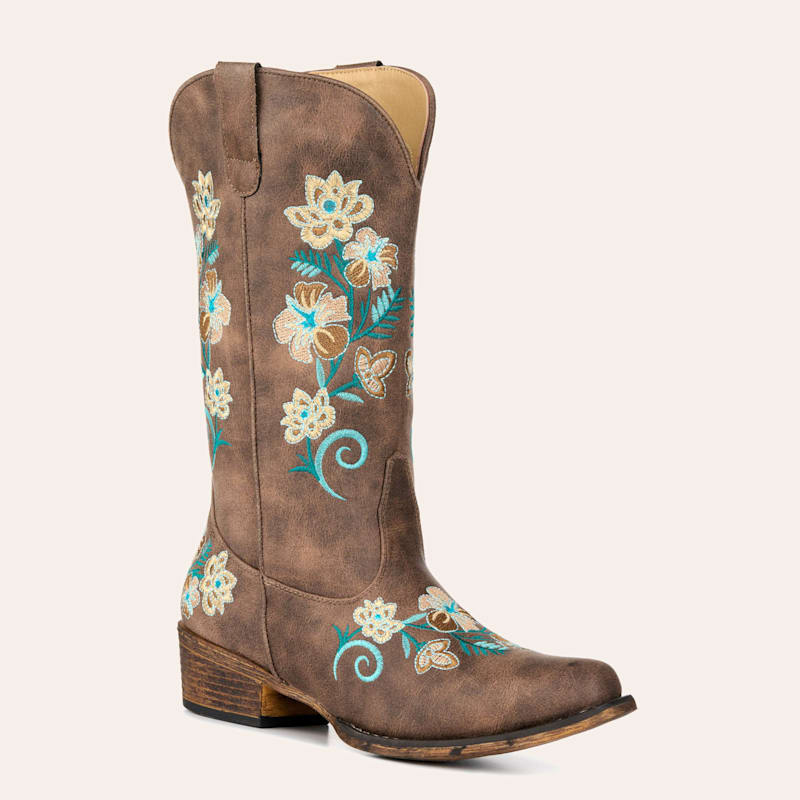 flowerlower320design Brown Feather Roper Women's Brown with Floral Embroidery Snip Toe Cowboy Boots