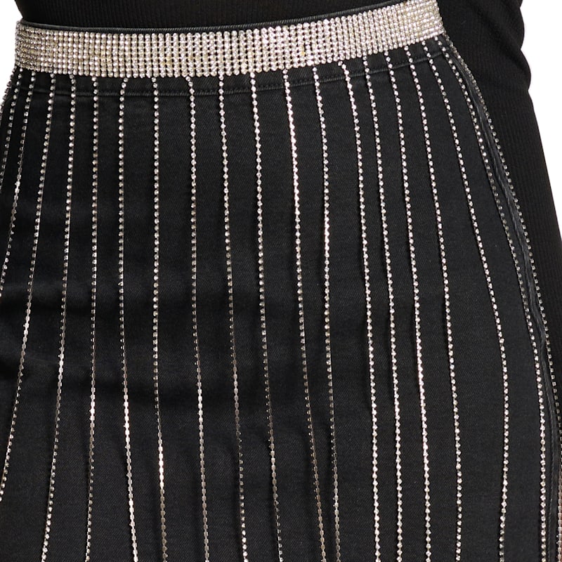 Blue B Women's Black & Long Rhinestones Fringe Denim Skirt