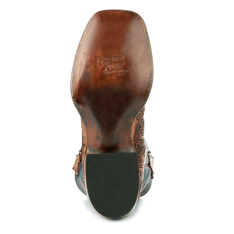 Black Jack Men's Tan Hand Tooled and Navy Wide Square Toe