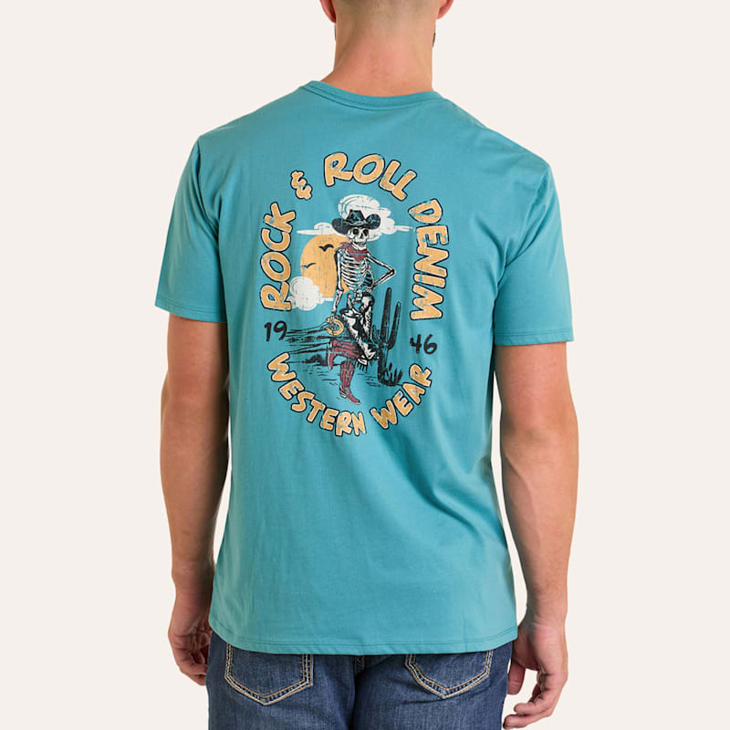 Rock & Roll Denim Men's Blue Cowboy Skeleton Print T-Shirt I