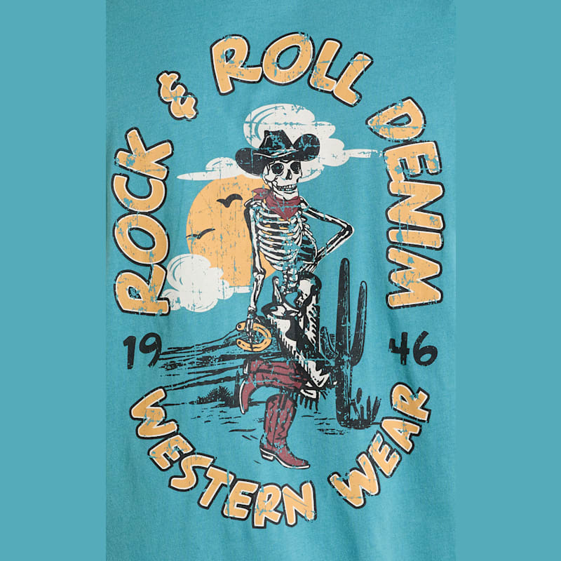Rock & Roll Denim Men's Blue Cowboy Skeleton Print T-Shirt I