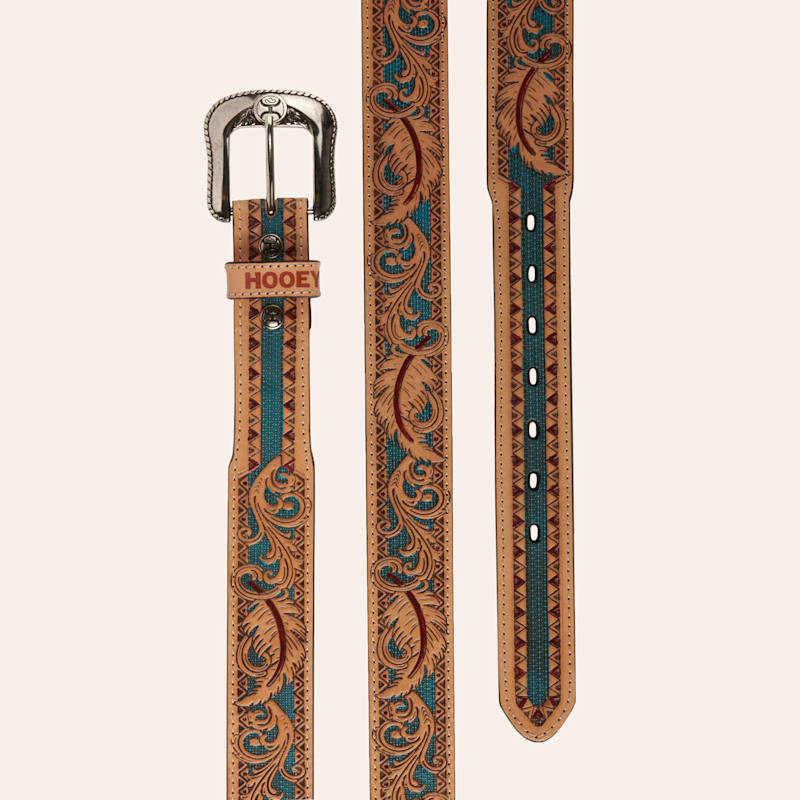 Hooey Men's Brown and Turquoise Feather Tooled Western Belt