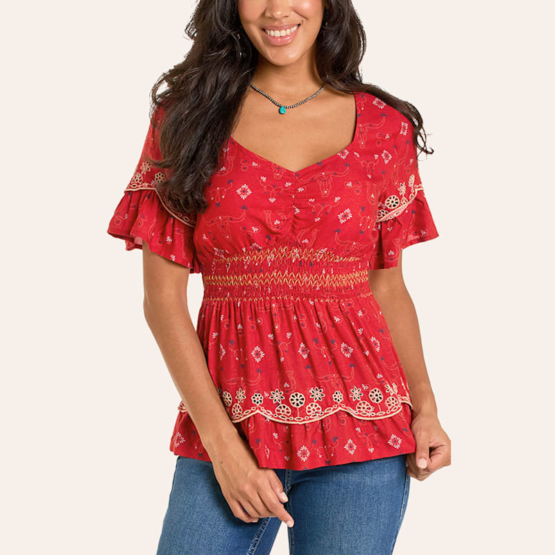 Panhandle Slim Women's Red Smocked Eyelet Layered Blouse