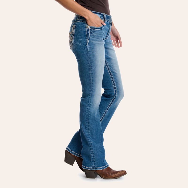 Miss Me Women's Medium Wash Aztec Skull & Feathers Boot Cut