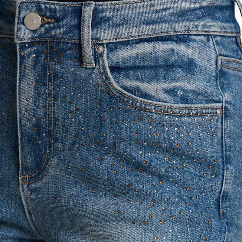 【DISCERNMENT】Flare screw medium denim jeans Mica Women's Light Wash Crystal Studded Flare Leg Jeans