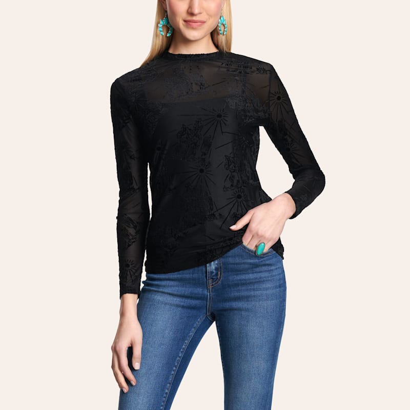 Marigold Kiss Women's Black Sunshine & Cowboys Mesh Top