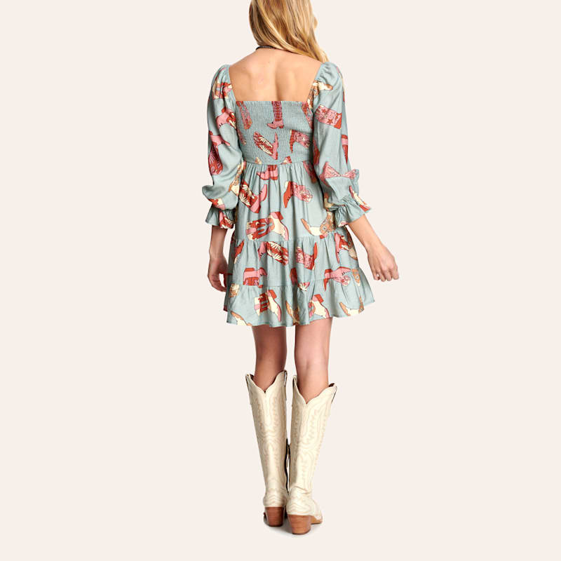 Rockin C Women's Aqua Marine Boot Print Smocked Dress