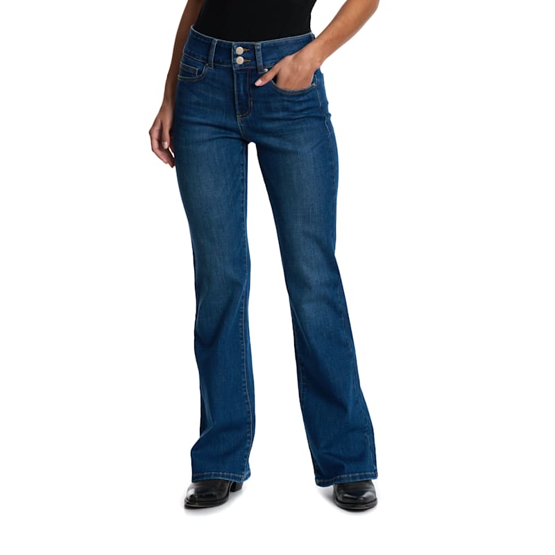 【WONDER WONDER】Pocket 2-Button BK Denim Bootcut Denim PT Sneak Peek Women's Dark Wash Double Button Waist Boot Cut Jeans