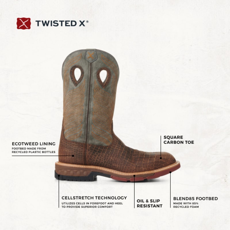 Twisted X Men's Brown Caiman Print Foot and Gray CellStretch